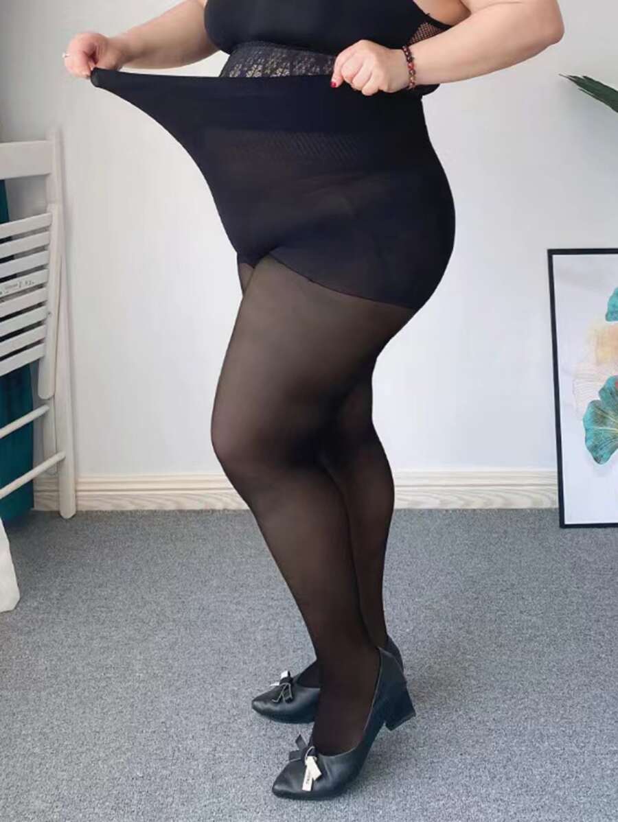 Solid Plus Sheer Tights - Black - View 1