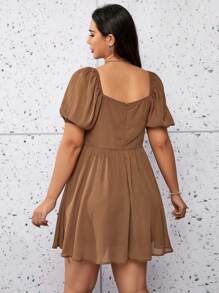 SHEIN EZwear Sukienki plus size Zamek błyskawiczny Zawiązywanie z przodu Ubrania z pomarszczonym biustem Prosty Casual - Kawowy brązowy - Zobacz 2