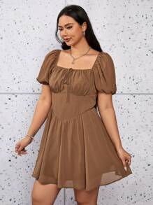 SHEIN EZwear Sukienki plus size Zamek błyskawiczny Zawiązywanie z przodu Ubrania z pomarszczonym biustem Prosty Casual - Kawowy brązowy - Zobacz 3