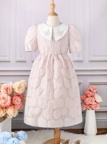 SHEIN Girls Butterfly Embroidery Peter Pan Collar Puff Sleeve Dress - Baby Pink - View 1