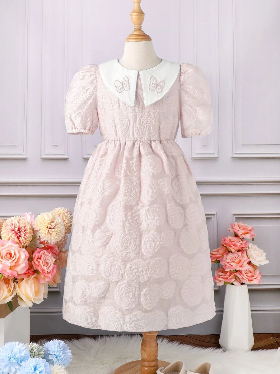 SHEIN Girls Butterfly Embroidery Peter Pan Collar Puff Sleeve Dress - Baby Pink - View 1
