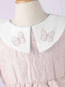 SHEIN Girls Butterfly Embroidery Peter Pan Collar Puff Sleeve Dress - Baby Pink - View 3