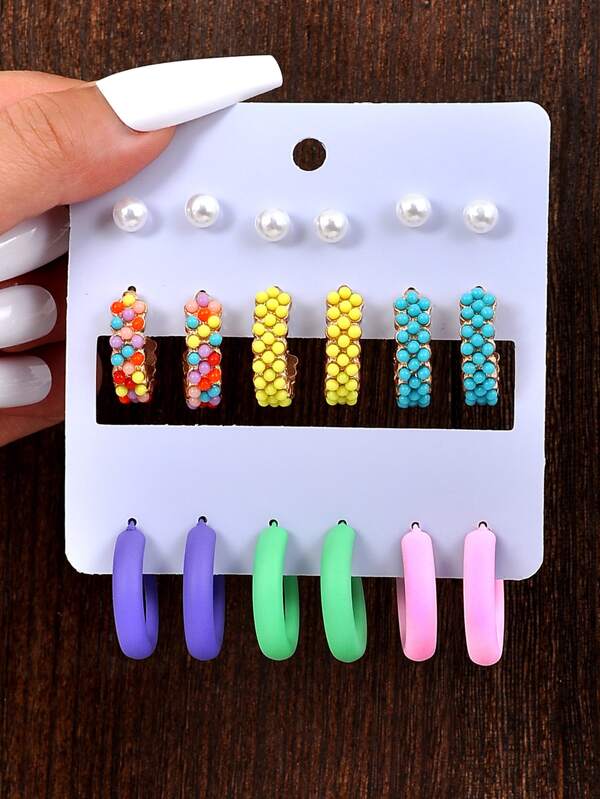 9pairs/set Fashion Beaded Faux Pearl Decor Earrings For Women For Daily