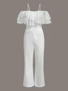 SHEIN Explorewe Áo liền quần Gái Xù màu trơn Dễ thương - trắng - Xem 1