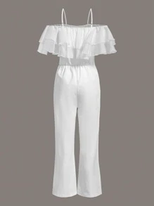 SHEIN Tween Girl Cold Shoulder Layered Ruffle Trim Jumpsuit - White - View 4