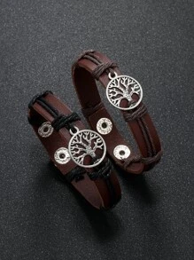 1入組時尚PU聚氨酯樹細節手環適合男士日常裝飾,適用於首飾類禮品和派對 - 棕色 - 查看 3