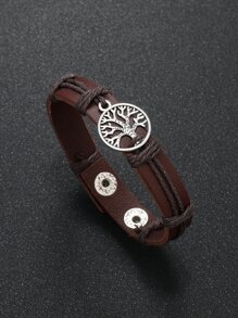 1入組時尚PU聚氨酯樹細節手環適合男士日常裝飾,適用於首飾類禮品和派對 - 棕色 - 查看 1
