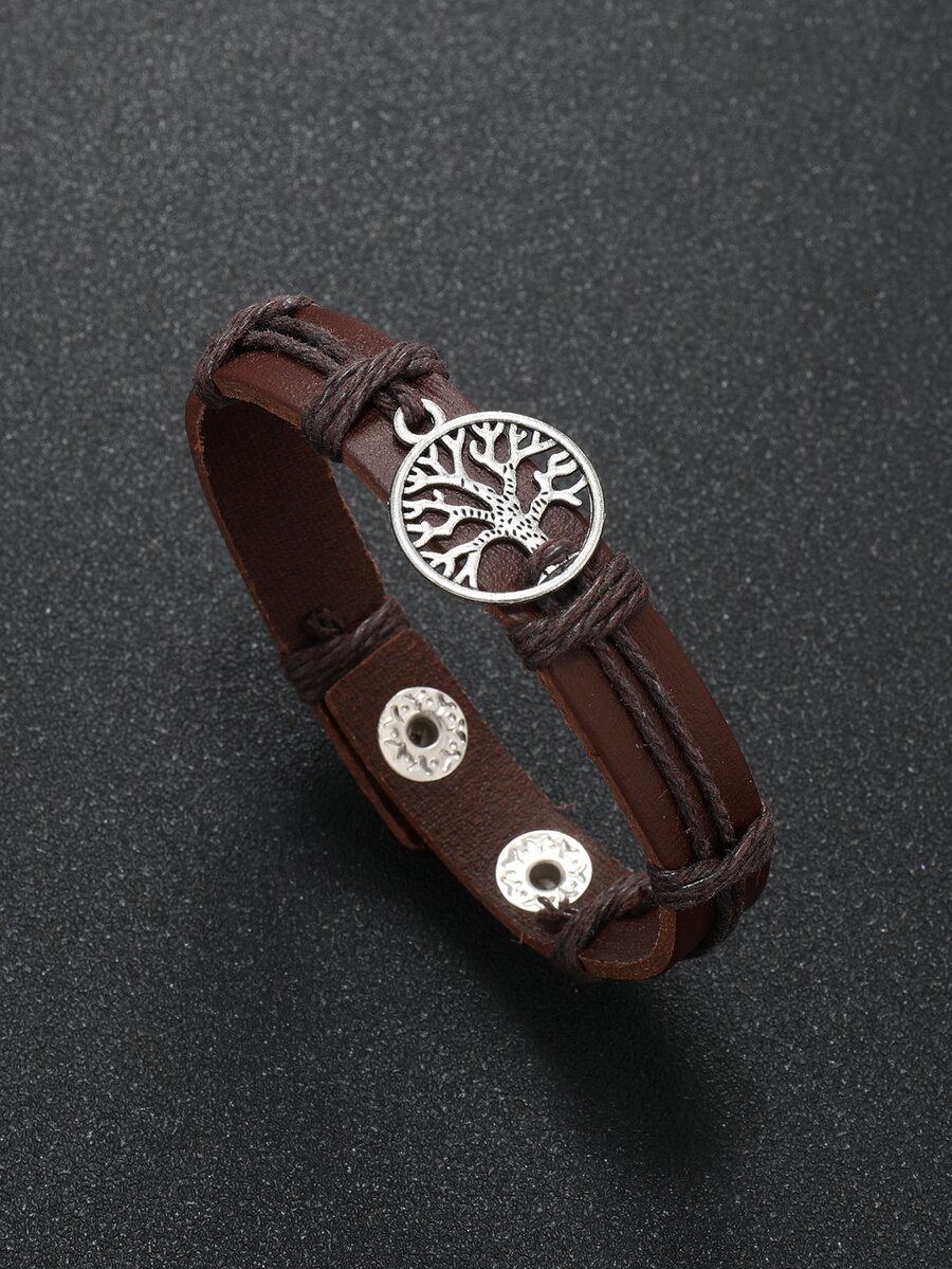 1入組時尚PU聚氨酯樹細節手環適合男士日常裝飾,適用於首飾類禮品和派對 - 棕色 - 查看 1