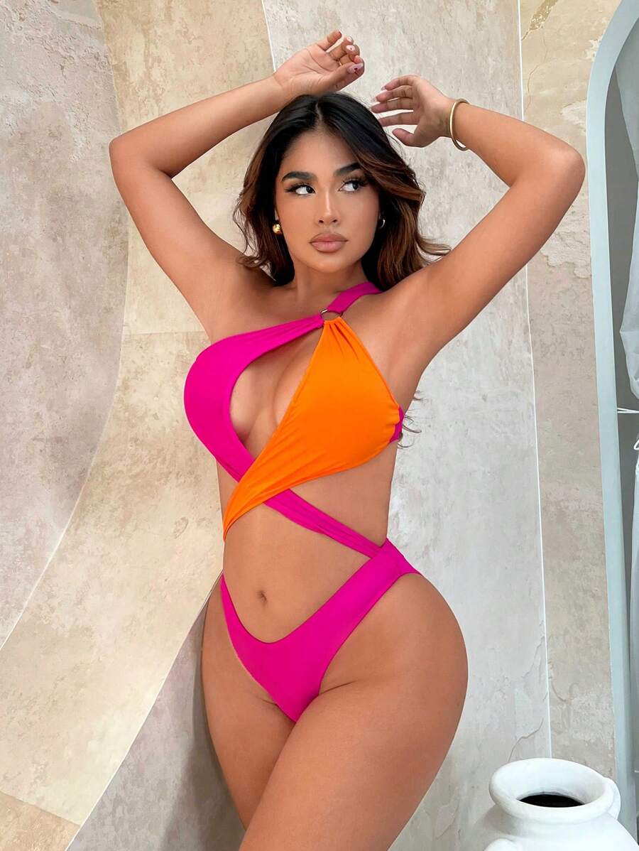 SHEIN SXY 雙色十字交叉鏤空單肩連身背心 - 彩色 - 查看 1