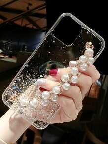 Sequin Decor Clear Phone Case With Faux Pearl Hand Strap Compatible With iPhone15/15Plus/15Pro/15Promax - Clear - View 1