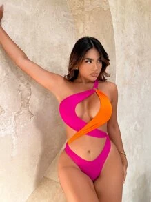 SHEIN SXY 雙色十字交叉鏤空單肩連身背心 - 彩色 - 查看 6