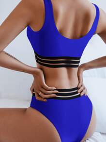 夏季条纹高腰比基尼套装 - 寶藍色 - 查看 2