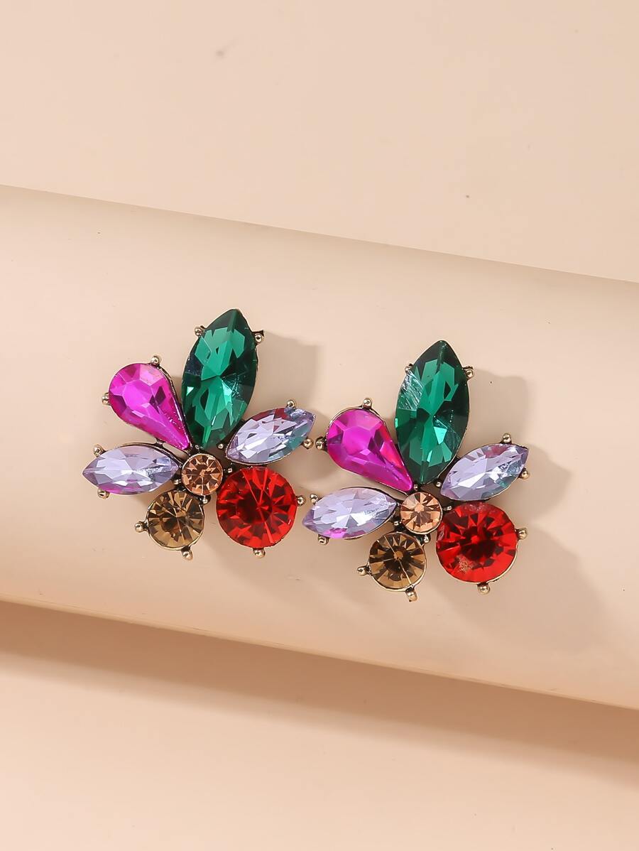 1pair Glamorous Zinc Alloy Rhinestone Decor Flower Design Stud Earrings For Women For Daily Decoration - Multicolor - View 1