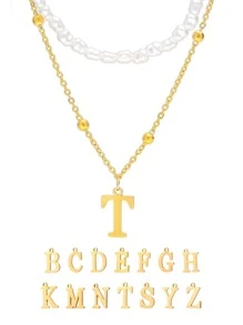 1入組隨機時尚不銹鋼字母吊墜項鍊適用於女士日常裝飾 - 金黃色 - 查看 1