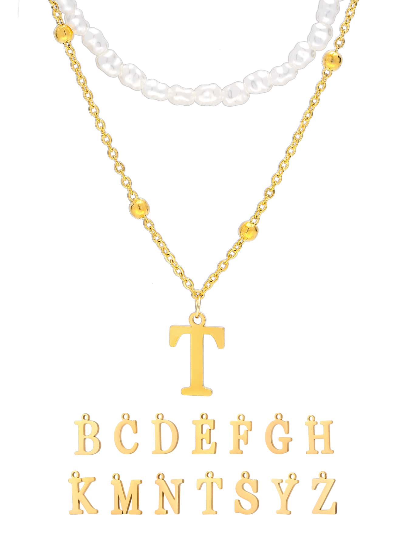 1入組隨機時尚不銹鋼字母吊墜項鍊適用於女士日常裝飾 - 金黃色 - 查看 1