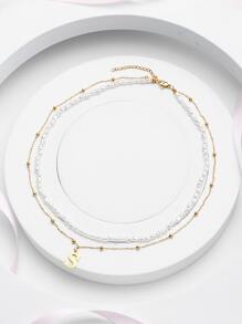 1入組隨機時尚不銹鋼字母吊墜項鍊適用於女士日常裝飾 - 金黃色 - 查看 2