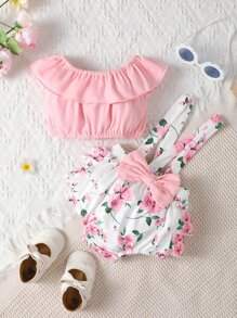 Baby Ruffle Trim Top & Floral Print Bow Front Suspender Shorts - Multicolor - View 1