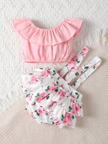 Baby Ruffle Trim Top & Floral Print Bow Front Suspender Shorts - Multicolor - View 2