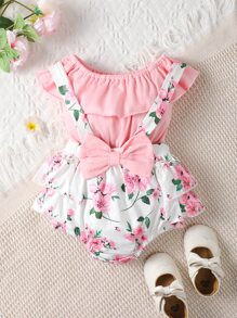 Baby Ruffle Trim Top & Floral Print Bow Front Suspender Shorts - Multicolor - View 3