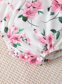 Baby Ruffle Trim Top & Floral Print Bow Front Suspender Shorts - Multicolor - View 4