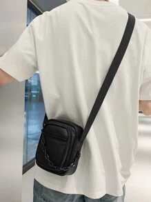 Bolso bandolera minimalista cuadrado con cadena decorativa, bolso negro pequeño para deportes, escuela secundaria, universidad, estudiantes, bolso de cuero impermeable, bolso cruzado, bolso de hombro, bolso mensajero ideal para estudiantes, clásico sencillo, bolso de satchel negro, bolso para senderismo, regalos de viaje, bolso casual de gran capacidad, regalos para papá, regalos para novio, regalos de vacaciones, regalos divertidos, bolsos laterales - Negro - Ver 1