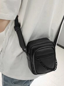 Bolso bandolera minimalista cuadrado con cadena decorativa, bolso negro pequeño para deportes, escuela secundaria, universidad, estudiantes, bolso de cuero impermeable, bolso cruzado, bolso de hombro, bolso mensajero ideal para estudiantes, clásico sencillo, bolso de satchel negro, bolso para senderismo, regalos de viaje, bolso casual de gran capacidad, regalos para papá, regalos para novio, regalos de vacaciones, regalos divertidos, bolsos laterales - Negro - Ver 2