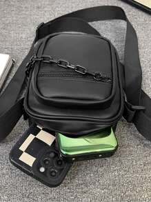 Bolso bandolera minimalista cuadrado con cadena decorativa, bolso negro pequeño para deportes, escuela secundaria, universidad, estudiantes, bolso de cuero impermeable, bolso cruzado, bolso de hombro, bolso mensajero ideal para estudiantes, clásico sencillo, bolso de satchel negro, bolso para senderismo, regalos de viaje, bolso casual de gran capacidad, regalos para papá, regalos para novio, regalos de vacaciones, regalos divertidos, bolsos laterales - Negro - Ver 4