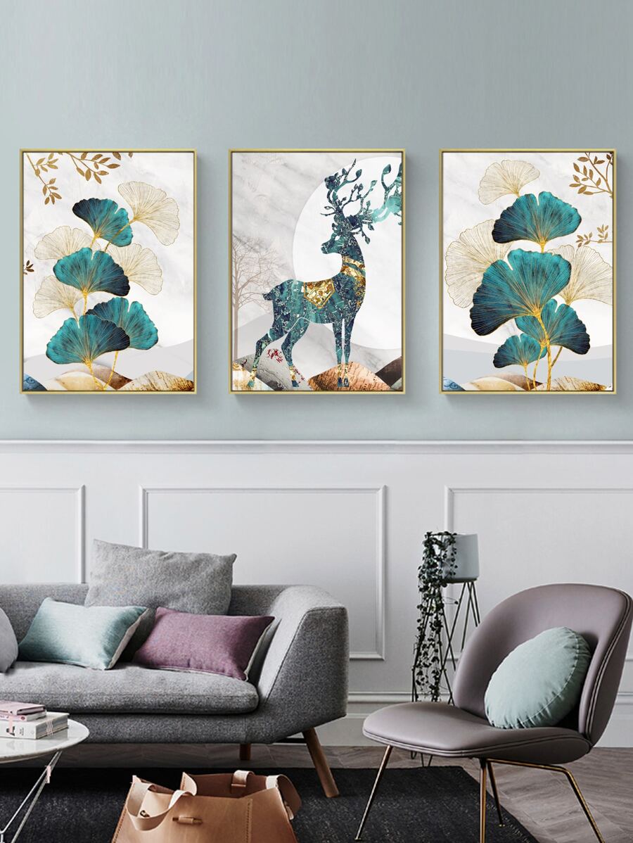 3入組樹葉印花無框現代小鹿和樹葉印花家庭裝飾牆壁藝術繪畫 - 彩色 - 查看 1