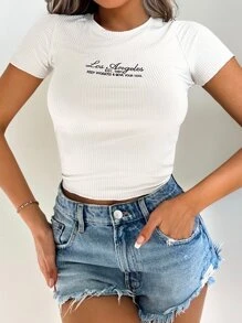 EURMUSE Letter Graphic Ribbed Knit Tee - White - View 4