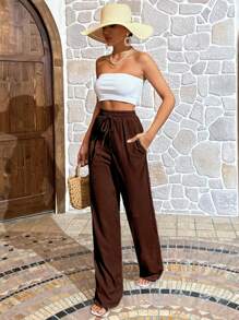 EURMUSE Cotton Solid Drawstring Waist Wide Leg Pants - Chocolate Brown - View 5