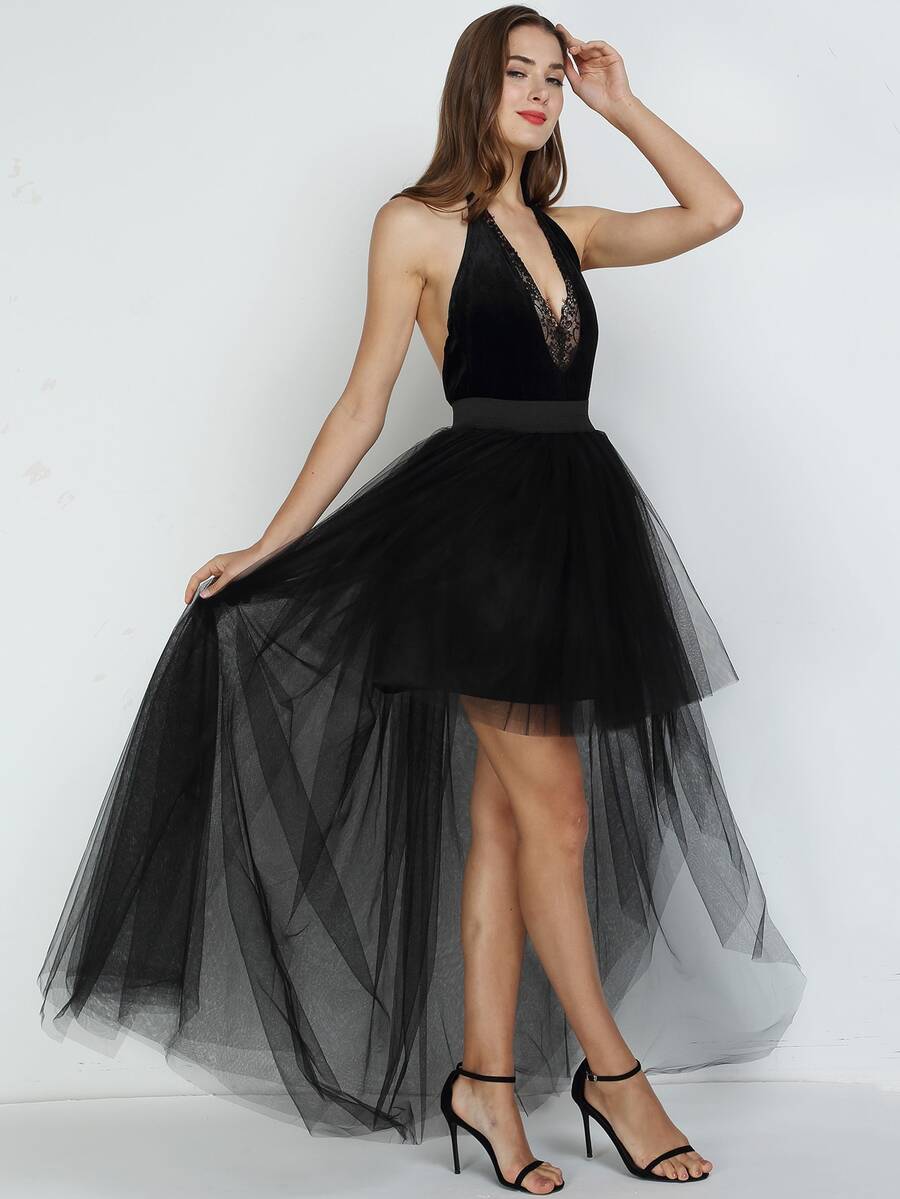 High Waist Contrast Lace High Low Mesh Overlay Skirt - Black - View 1