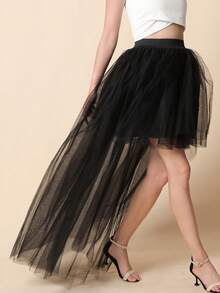 High Waist Contrast Lace High Low Mesh Overlay Skirt - Black - View 2