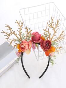 鹿角和花朵裝飾立體髮箍 - 彩色 - 查看 1