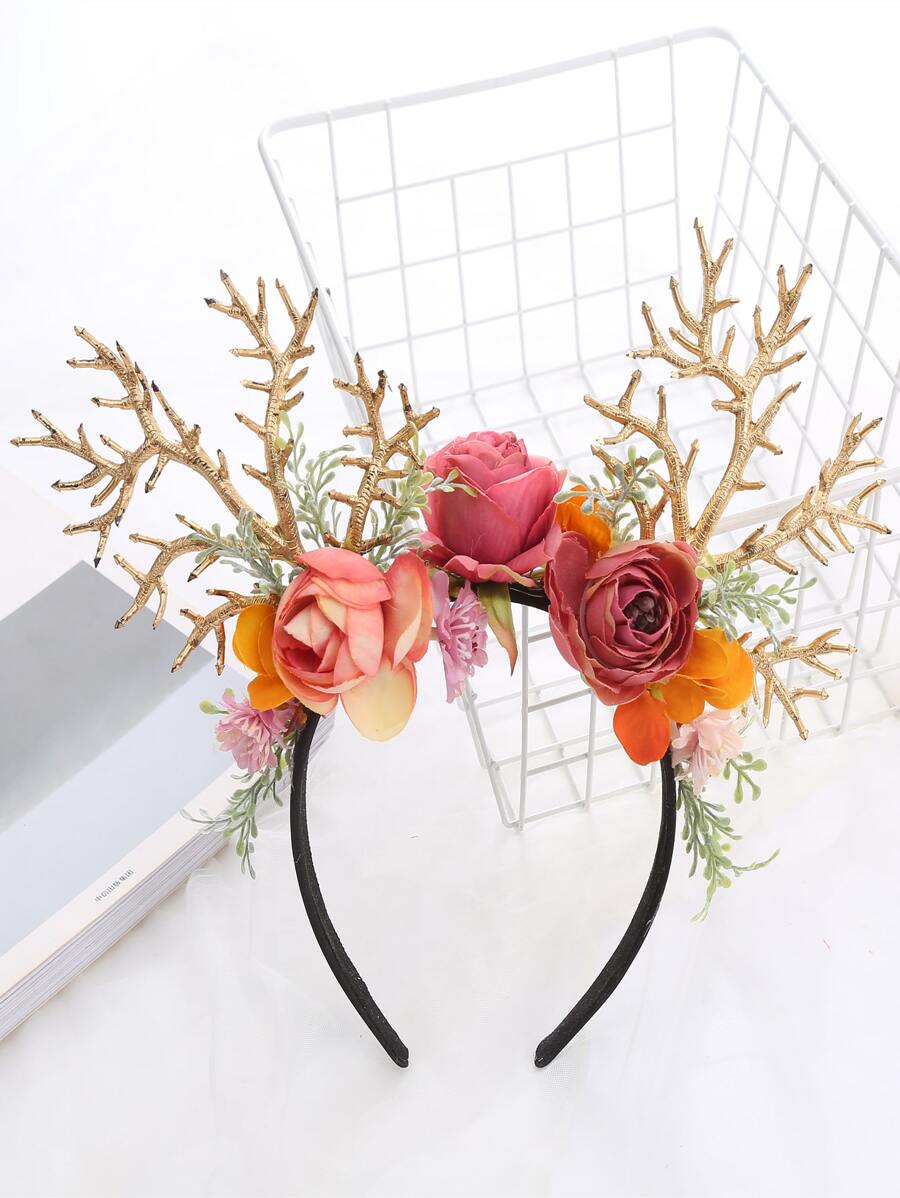 鹿角和花朵裝飾立體髮箍 - 彩色 - 查看 1
