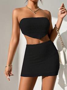 SHEIN PETITE Solid Bandana Hem Crop Tube Top & Bodycon Skirt