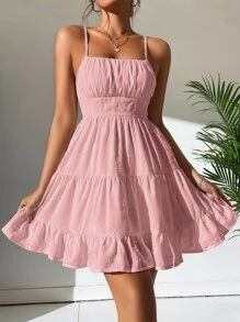 SHEIN PETITE Vestido de tirantes de lunares con fruncido pecho con fruncido bajo con fruncido - Rosa vieja - Ver 5