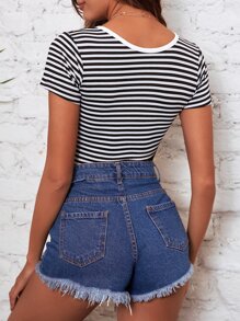 RueChic Striped Print Tee Bodysuit - Black and White - View 4