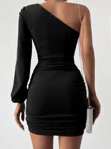 EURMUSE One Shoulder Twist Front Ruched Bodycon Dress - Black - View 2