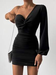 EURMUSE One Shoulder Twist Front Ruched Bodycon Dress - Black - View 4