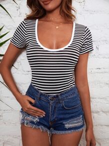 RueChic Striped Print Tee Bodysuit - Black and White - View 8