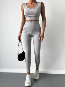 EURMUSE Solid Tank Top & Wideband Waist Leggings - Grey - View 1