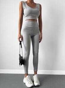 EURMUSE Solid Tank Top & Wideband Waist Leggings - Grey - View 4