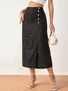 SHEIN Frenchy Cherry Print Button Front Split Thigh Skirt - Black - View 2