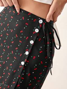 SHEIN Frenchy Cherry Print Button Front Split Thigh Skirt - Black - View 3