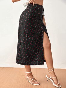 SHEIN Frenchy Cherry Print Button Front Split Thigh Skirt - Black - View 4