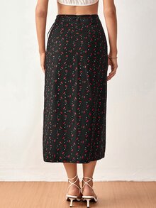 SHEIN Frenchy Cherry Print Button Front Split Thigh Skirt - Black - View 5