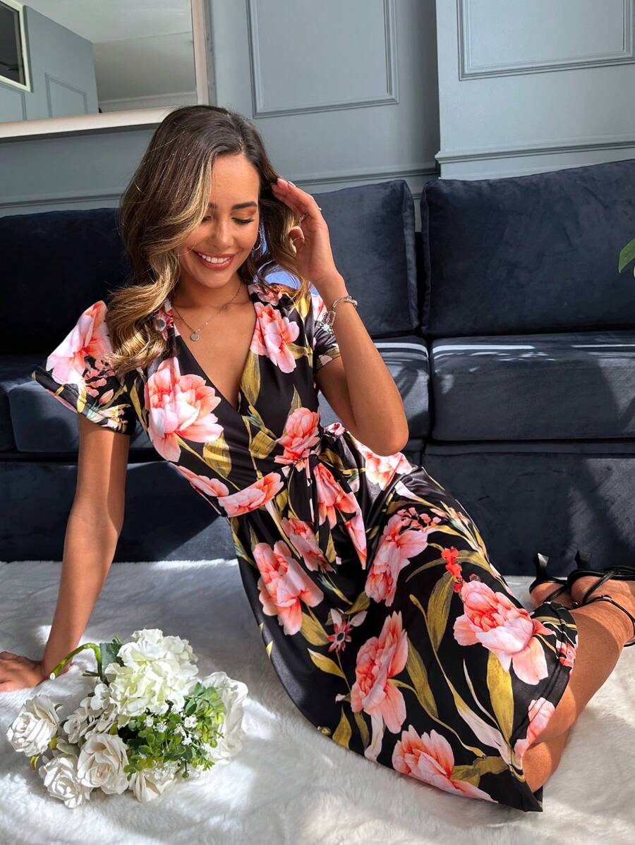 EURMUSE Floral Print Surplice Neck Belted Dress - Multicolor - View 1