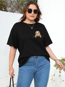 SHEIN EZwear Áo thun Plus size Hoạt hình Giải trí - màu đen - Xem 4