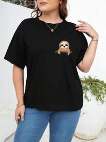 SHEIN EZwear Áo thun Plus size Hoạt hình Giải trí - màu đen - Xem 5