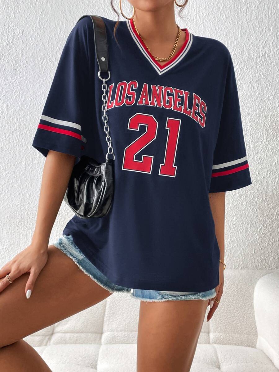 INAWLY 字母图案条纹饰边落肩 T 恤 图案 T 恤 女式上衣 - 藏蓝色 - 查看 1